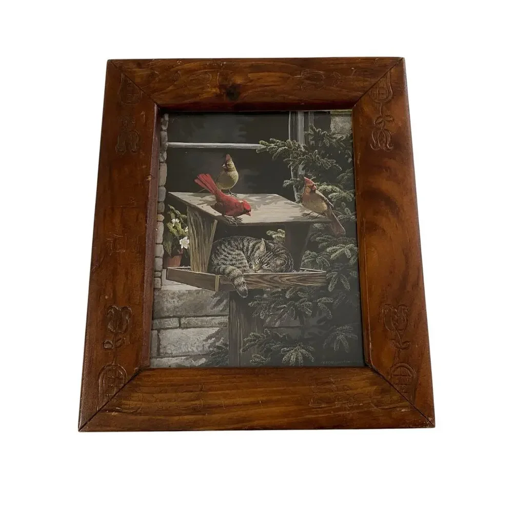 Vintage Carved Wood Frame Cat Birds Print Persis Clayton Weirs 90s Country 1992